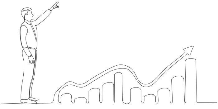 Continuous line drawing of business man looking for investment opportunity standing on growth chart. vector