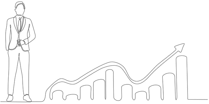 Continuous line drawing of business man looking for investment opportunity standing on growth chart. vector