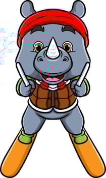 The cute rhinoceros is playing an ice skate with safety equipment vector