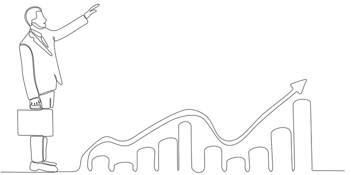 Continuous line drawing of business man looking for investment opportunity standing on growth chart. vector