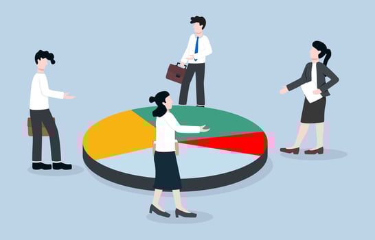 Negotiating business interests, share from joint investment, discussions about corporate partners concept. Investors discussing about market share pie chart. vector