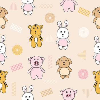 Cute chibi animals tiger, dog, rabbit, piglet seamless pattern doodle kids baby kawaii cartoon Premium Vector