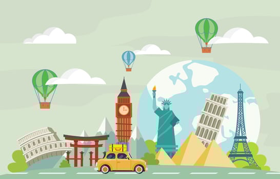 Travel Car With World Monument and Landmark Background vector