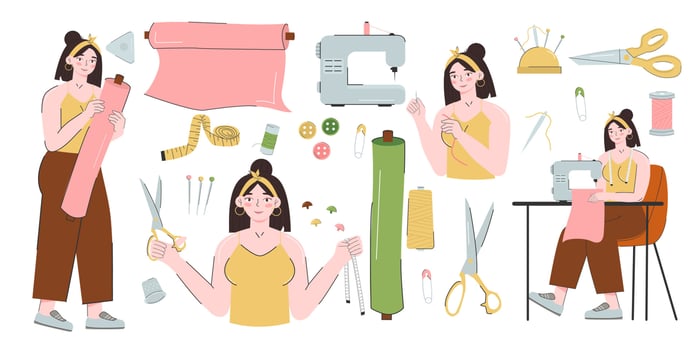Young seamstress woman and a set of sewing tools. Needlework, handicrafts, hobbies. Fashion designer, dressmaker. Vector illustration on a white background