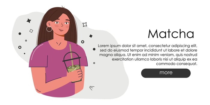 Adorable website page with Matcha. Hand draw green drink website idea. Japanese tea culture. Matcha latte is a healthy drink.Coffee shop main page in greenish colors. vector