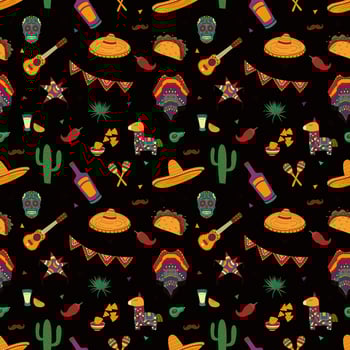 Seamless Pattern With Mexican Elements. Cactus, Skull, Hat And More. Hand Drawn Flat Vector Illustration.