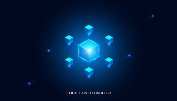 Abstract blockchain technology cryptocurrency and fintech square cube crypto operations Connect block, data transmission, new technology system, Vector illustration.