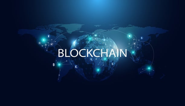 Abstract blockchain technology cryptocurrency and fintech world map connection crypto operations Connect block, data transmission, new technology system, Vector illustration.