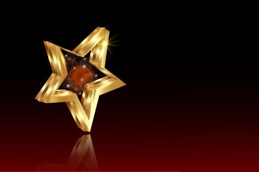 Golden star prize concept, 3D gold logo icon with light effect, vector illustration isolated on black and red background