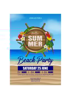 hello summer beach party poster with tropical flowers and birds on beach background vector