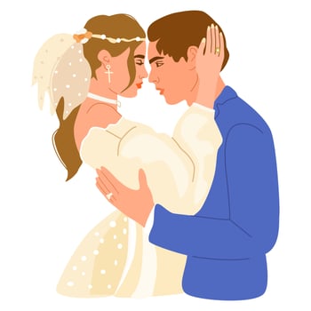 Wedding couple hugging and looking at each other eyes. Man and woman in love. Bride and groom in wedding costumes. vector