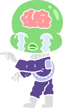 flat color style cartoon big brain alien crying and pointing vector