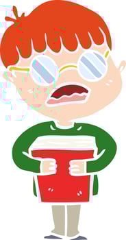 flat color style cartoon boy hugging book wearing spectacles vector