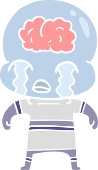 flat color style cartoon big brain alien crying vector