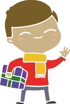 flat color style cartoon smiling boy with gift vector