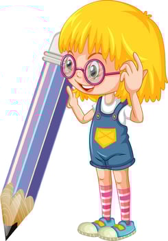 Girl holding pencil cartoon character on white background vector