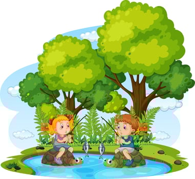 Happy children fishing in pond vector