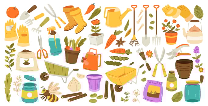 Hand drawn doodle set of Gardening icons Elements Tools or Equipments, Vector illustration set. scissors, boots, hedge, shears, hedge shears, fork, rake, grass, watering can, wheelbarrow.