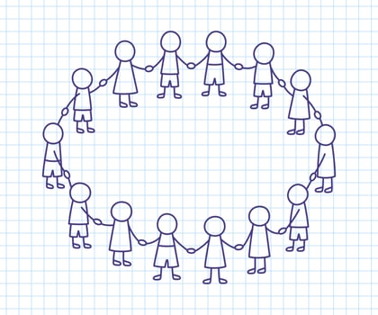 Happy doodle stick children holding hands. Hand drawn funny kids in circle. International friendship concept. Doodle children community. Vector linear illustration on squared background