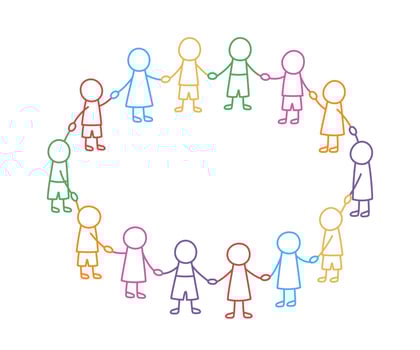 Happy doodle stick children holding hands. Hand drawn funny kids in circle. International friendship concept. Doodle children community. Vector linear illustration isolated on white background