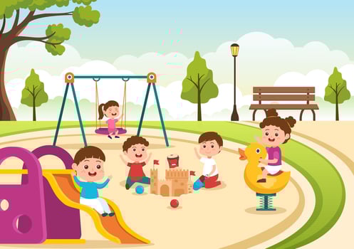 Children Playground with Swings, Slide, Climbing Ladders and More in the Amusement Park for Little Ones to Play in Flat Cartoon Illustration vector