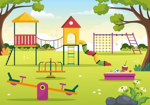 Children Playground with Swings, Slide, Climbing Ladders and More in the Amusement Park for Little Ones to Play in Flat Cartoon Illustration vector