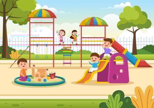 Children Playground with Swings, Slide, Climbing Ladders and More in the Amusement Park for Little Ones to Play in Flat Cartoon Illustration vector