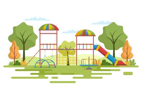Children Playground with Swings, Slide, Climbing Ladders and More in the Amusement Park for Little Ones to Play in Flat Cartoon Illustration vector
