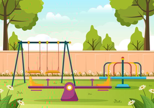 Children Playground with Swings, Slide, Climbing Ladders and More in the Amusement Park for Little Ones to Play in Flat Cartoon Illustration vector