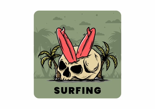 Surfing board stuck in human skull illustration vector