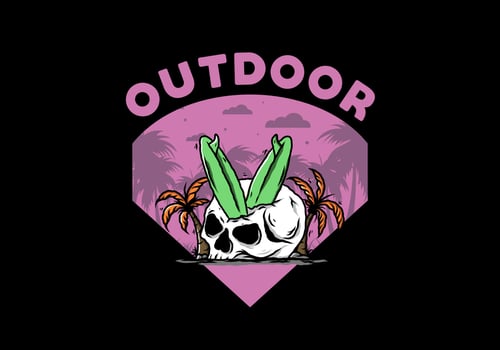 Surfing board stuck in human skull illustration vector