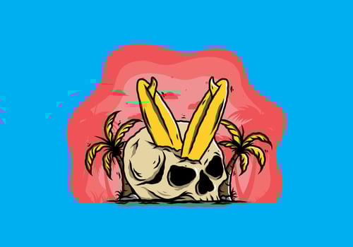 Surfing board stuck in human skull illustration vector