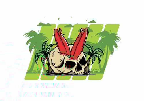 Surfing board stuck in human skull illustration vector
