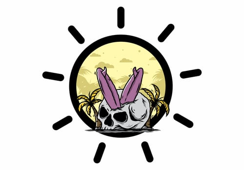 Surfing board stuck in human skull illustration vector