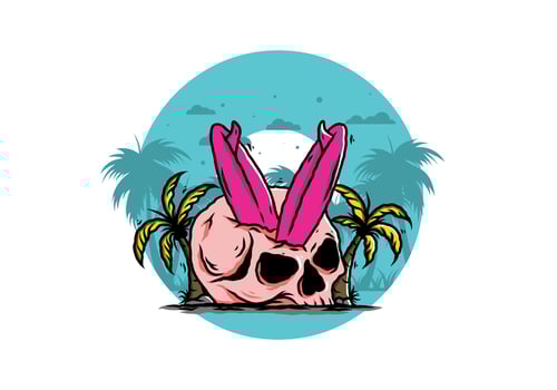Surfing board stuck in human skull illustration vector