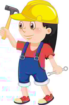 A girl wearing helmet holding hammer vector