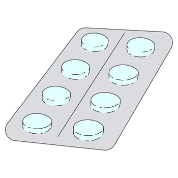 Tablets in a blister pack. Blue pills in cartoon style. Vector illustration isolated on white background