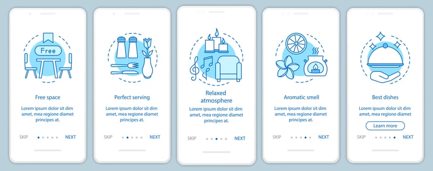 Food service onboarding mobile app page screen vector template. Restaurant rest. Reservation. Walkthrough website steps with linear illustrations. UX, UI, GUI smartphone interface concept