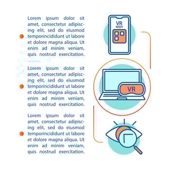 VR soft and hardware concept linear illustration. Virtual reality apps, computer, smartphone, glasses. 3D image. Article, brochure, magazine page. Print design. Vector isolated outline drawing