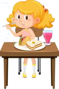 Happy girl enjoy eating food on table vector