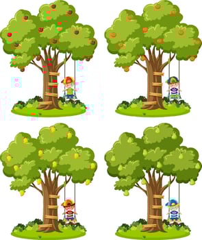 Set of kids playing swing under trees vector