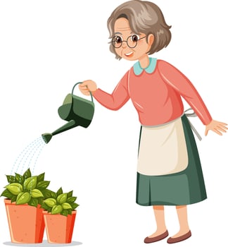 Elderly woman holding watering can vector
