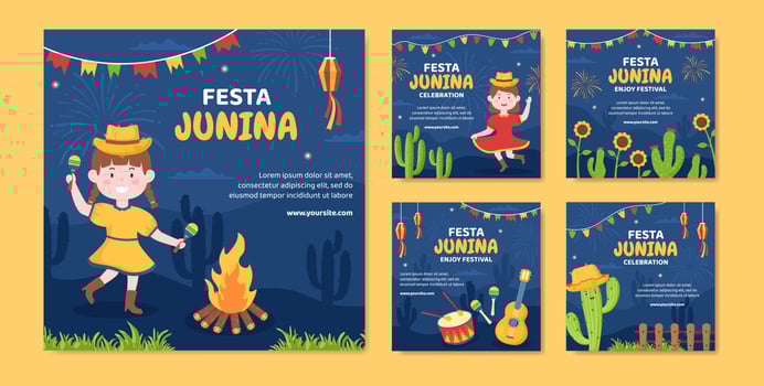 Festa Junina Festival Post Template Social Media Flat Cartoon Background Vector Illustration