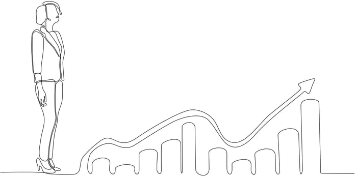Continuous line drawing of business woman looking for investment opportunity standing on growth chart. vector