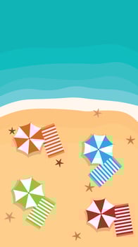 Beautiful beach with color umbrellas and towels on sand. Top view vector illustration