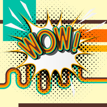 WOW - retro lettering with shadows, halftone pattern on retro poster  background. Vector bright illustration in vintage pop art style.