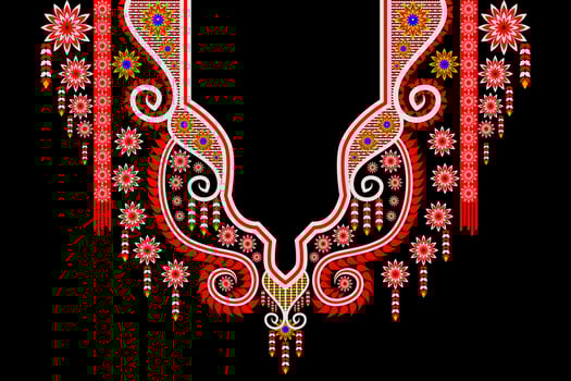 The retro geometric design is used in the embroidery of the neckline. vector