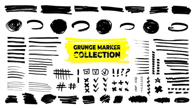 Big set of grunge roughly torn shapes. Marker highlighter collection. Vector background. Edge frames bundle. Distressed strokes, spots, borders and dividers. Hand drawn doodle design elements