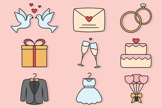 Set of round and outlined wedding vector icons with filling. Bouquet, dress, tuxedo, gift box, dove couple, champagne, marriage, love letter, rings