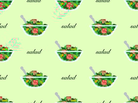 Salad cartoon character seamless pattern on green background. Pixel style vector